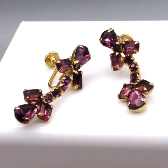 Purple Glam Crystal Drop Earrings, Gold Tone Screw Backs - Picture 2 of 4